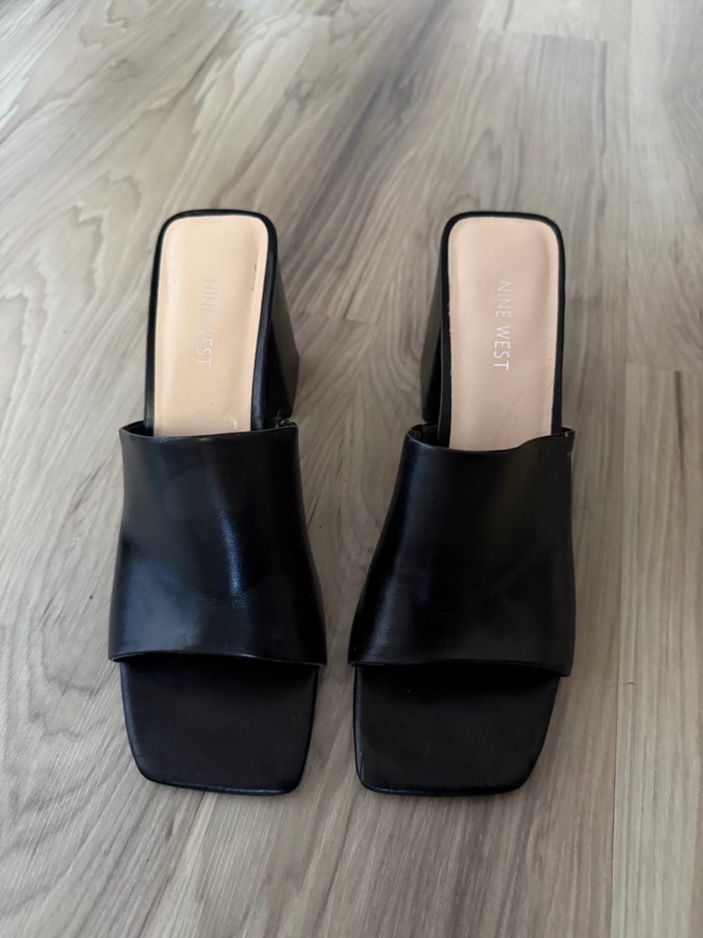 Nine West Black Leather Square-Toe Mules